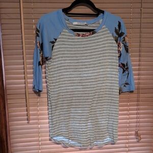 Elleness Light Blue and Gray Striped Floral Sleeve Top from Blush Boutique